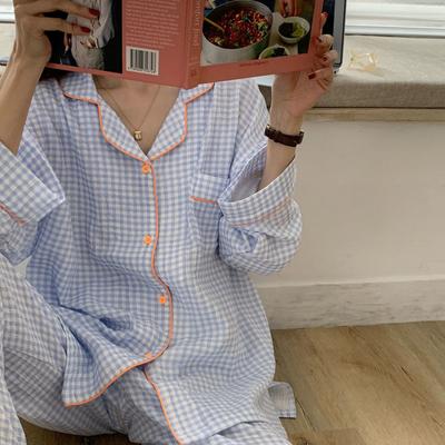 Хлопковая женская пижама, комплект из 2 предметов, пижама в клетку, ночная рубашка, осенняя пижама, одежда