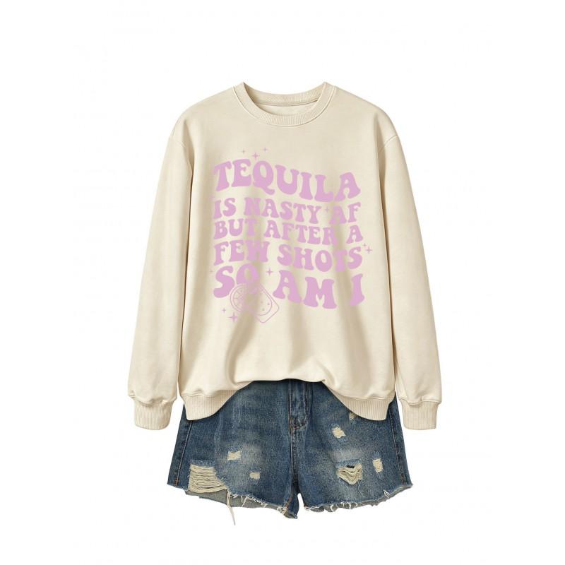 Tequila Is Nasty Af Casual Womens Winter Hoodie Graphic Print Round Neck Long Sleeve Sweatshirt