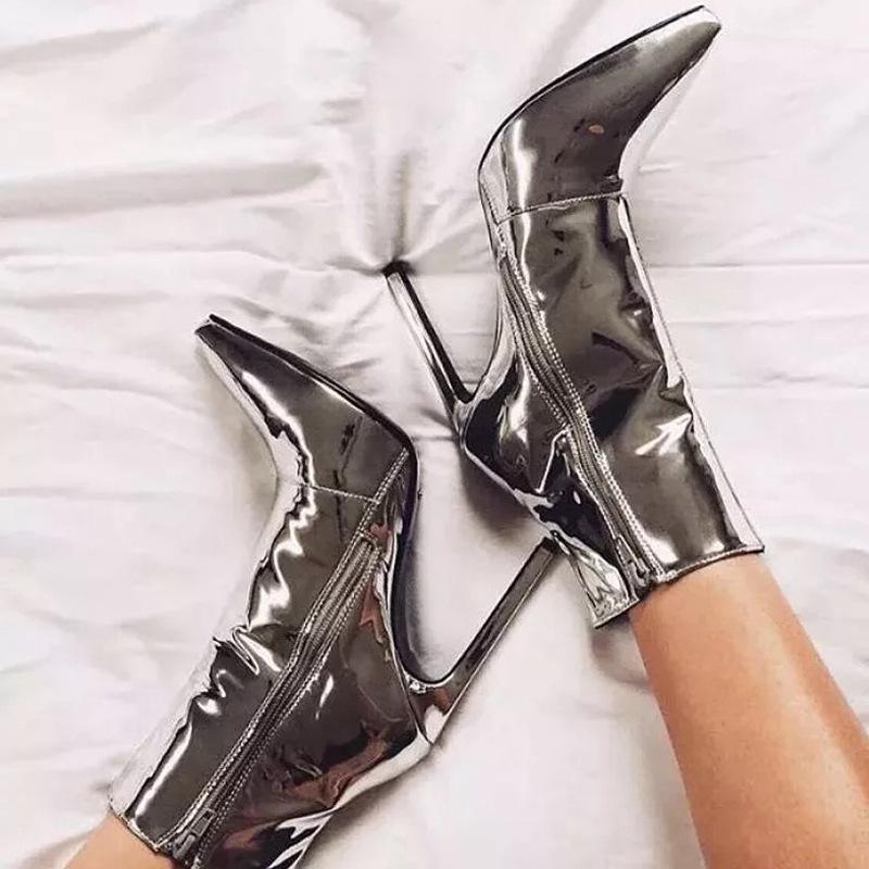Мода 2024 Дизайнерские Ботильоны Женские Модные Ботильоны На Молнии С Высоким Каблуком Золотые Серебряные Лакированные Кожаные Короткие Ботильоны Обувь Подиумная Обувь