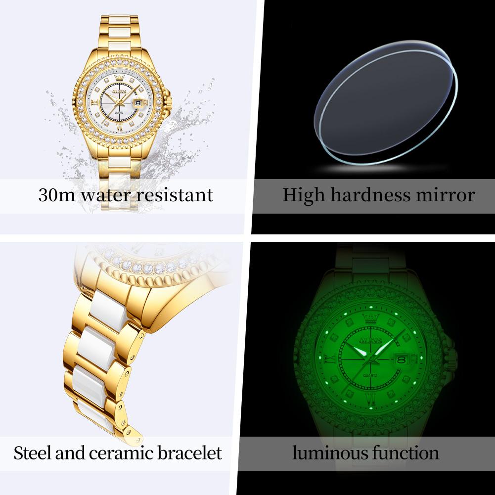 Olevs 3685 High Quality Ceramics Woman Fashion Golden Diamond Lady Fashionable Luminous Lady Woman Quartz Watch