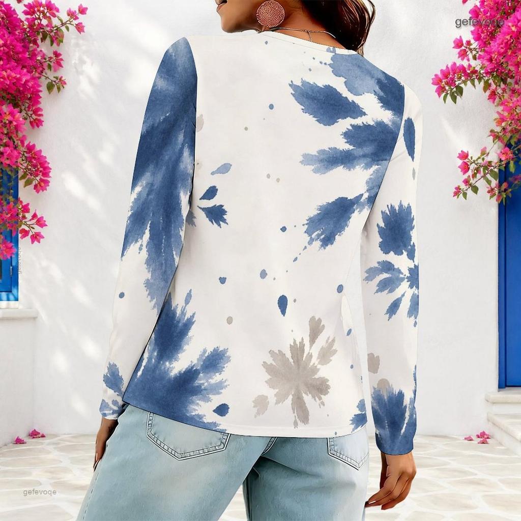 Women Plus Size V Neck Long Sleeve Abstract Plant Printed T Shirt