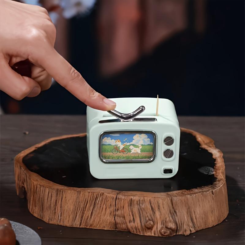 Retro TV Toothpick Holder, automatic pop-up design, decorative for kitchen and home, perfect as holiday gifts.