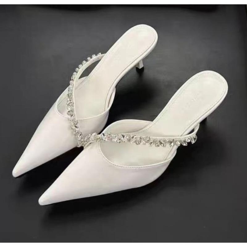 Fashion Summer Women's Fashion Crystal Mules Slippers Elegant Cover Toe Dress Slides Ladies Dancing Party High Heels Shoes Zapatos Mujer