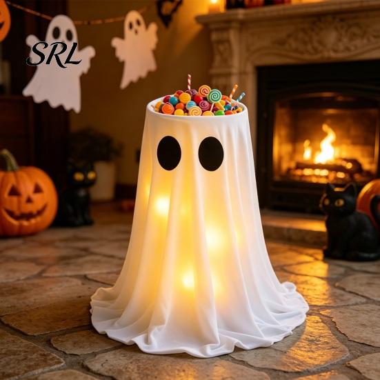 Cute Halloween Party Supplies Lighted Ghost Candy Bowl Stand, Height Adjustable Large Holder with Entrance Cabinet Display LED Light for Trick