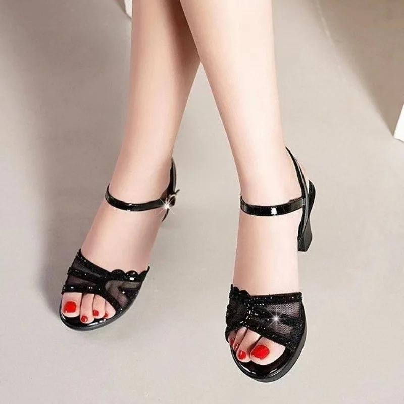 Женские босоножки на высоком каблуке, летние новые сетчатые туфли-лодочки с открытым носком, туфли на платформе и толстом каблуке для женщин, деловая женская обувь