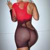 Sexy Fishnet Bodysuit Gradient Color Sleepwear Form Fitting Long Sleeve Open Back Waist Exposed Net Dress