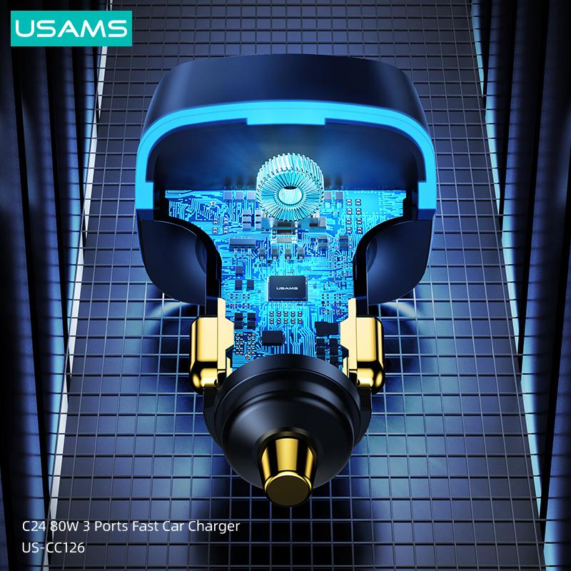USAMS 80 Вт, 3 USB-порта, быстрое автомобильное зарядное устройство PD QC 3,0 AFC FCP, зарядное устройство для телефона iPhone Xiaomi Huawei Samsung телефон-планшет