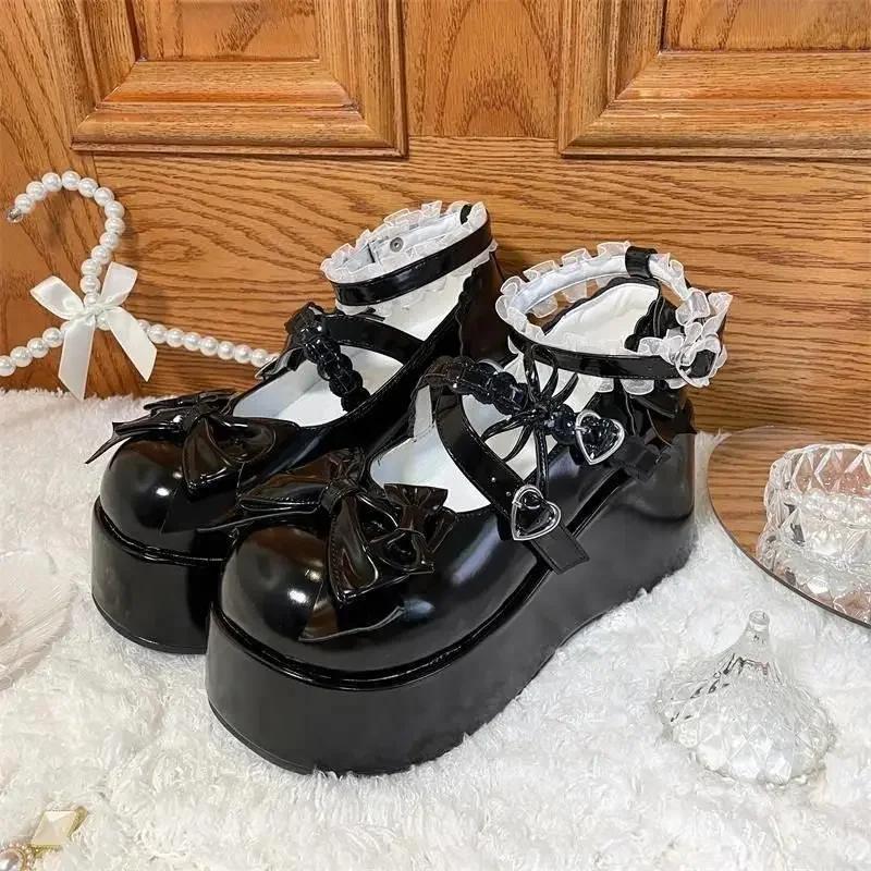 Lace Bowknot White Lolita Shoes Women 2025 Heart Buckle Platform Mary Janes Woman Japanese Style Patent Leather Jk Shoes