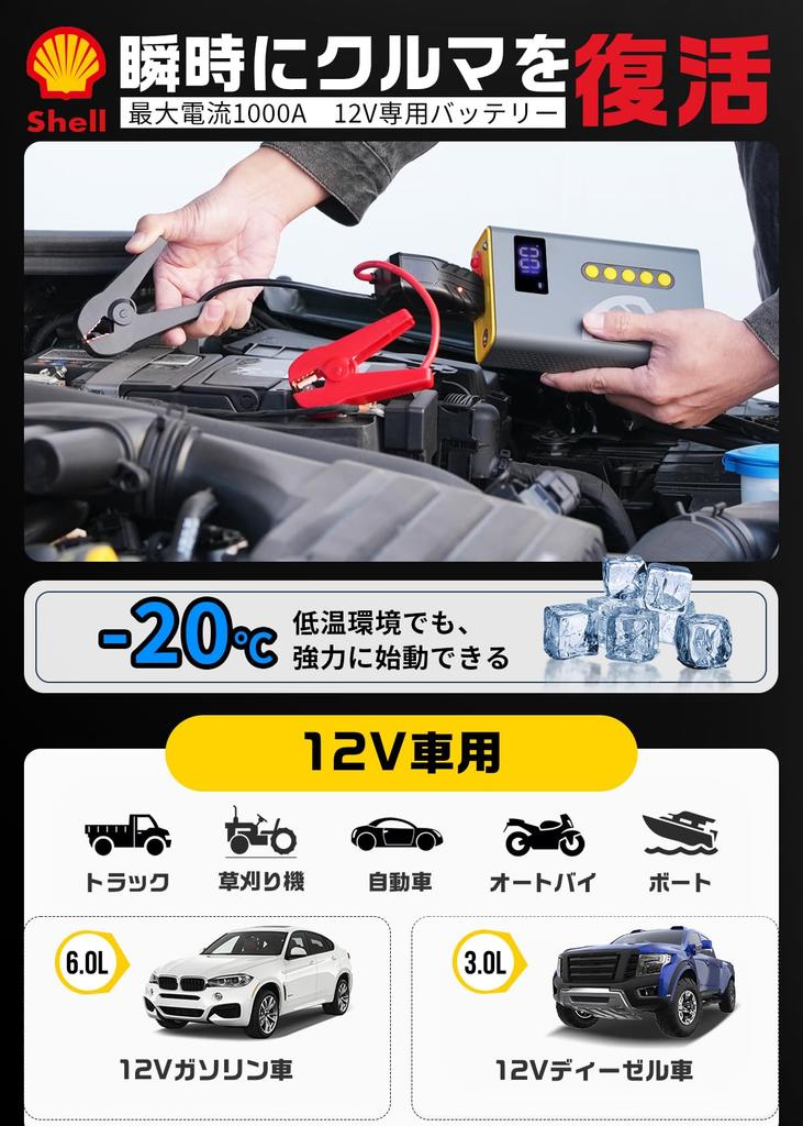 Пусковое устройство Shell SL-AC001JP, 10 400 мАч, Большая емкость, Пиковый ток: 1000 А, Электрический Воздух