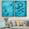 Blue Watercolor Ocean Marine Organism Whale Shark Manta Rays Poster Sea Beach Surf Canvas Painting Wall Art for Room Home