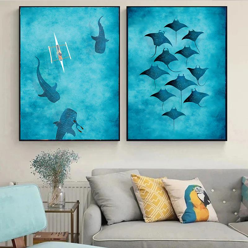 Blue Watercolor Ocean Marine Organism Whale Shark Manta Rays Poster Sea Beach Surf Canvas Painting Wall Art for Room Home