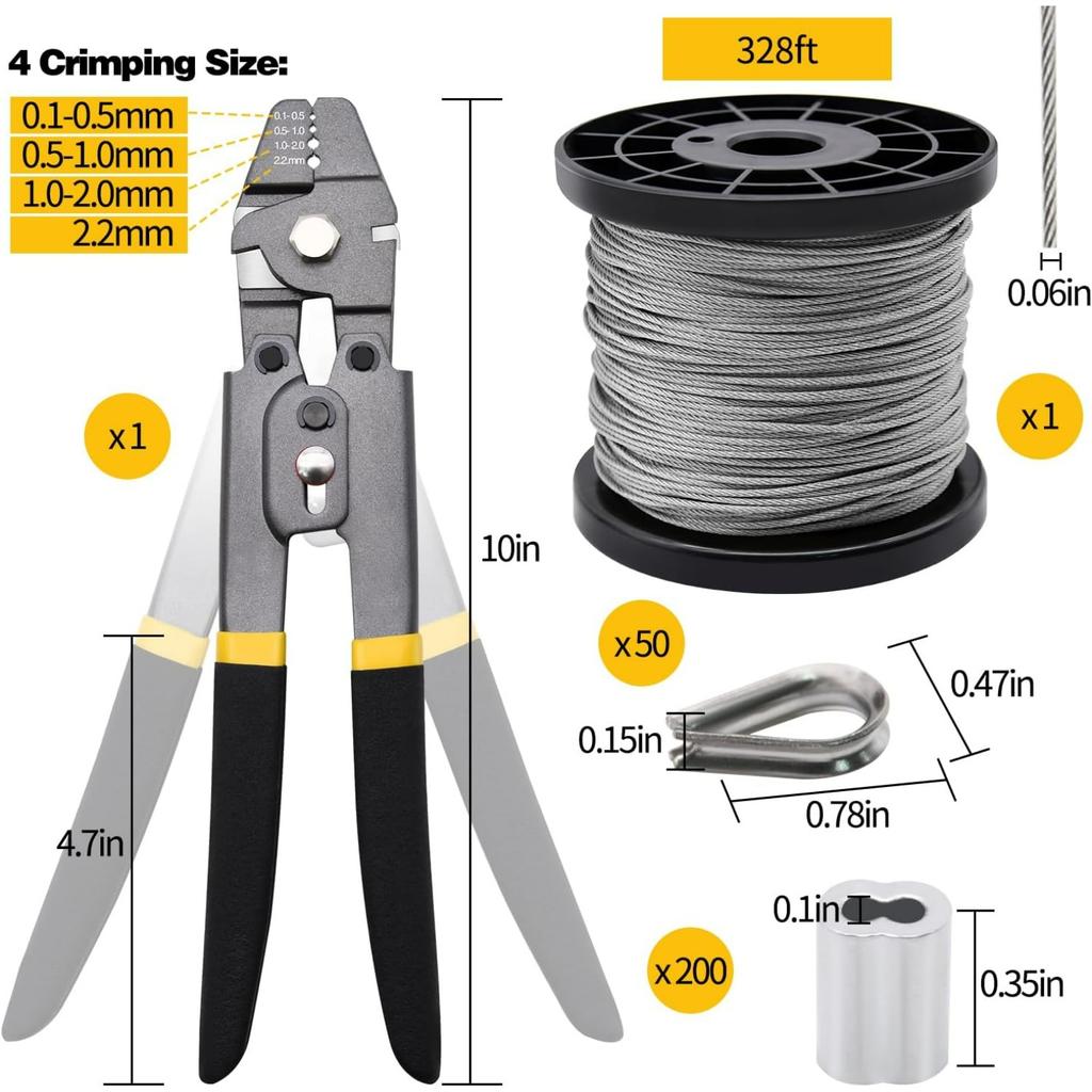 Wire Rope Crimping Tool Kit, 1/16" Stainless Steel Wire Rope Cable with Aluminum Crimping Sleeves and Stainless Steel Thimbles for Railing, Decking