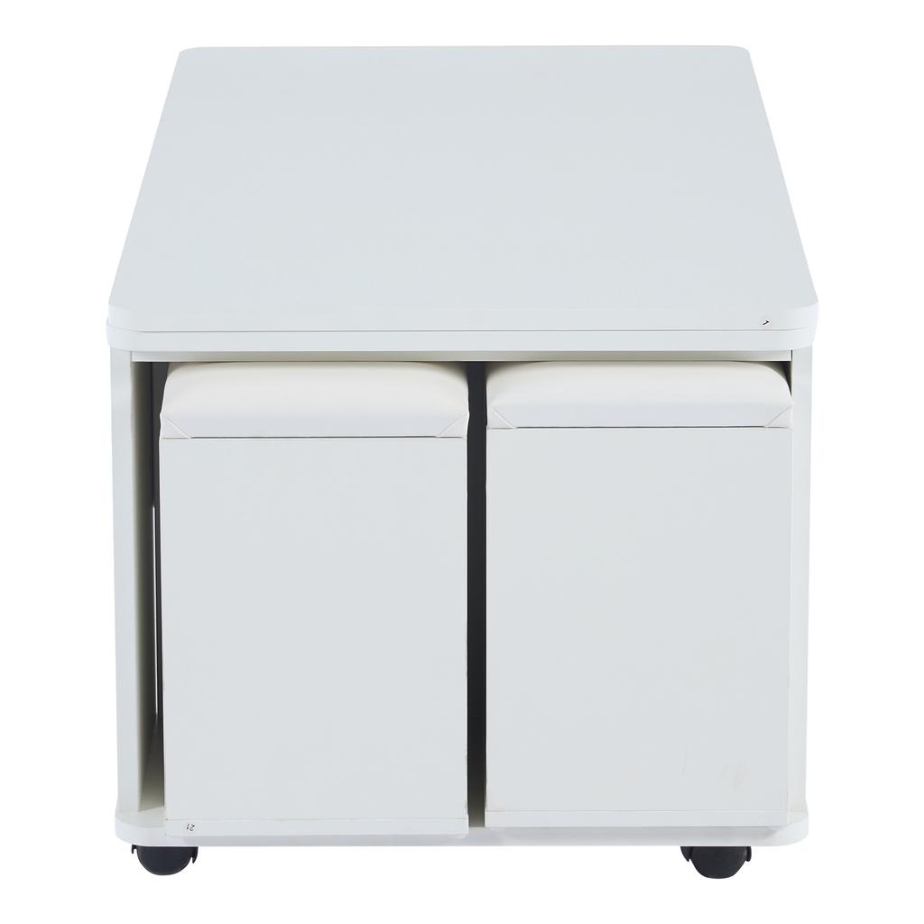 Coffee table, height-adjustable, movable sofa table, 4-in-1 multifunctional, convertible into living room dining table, with drawers, 4 stools, white