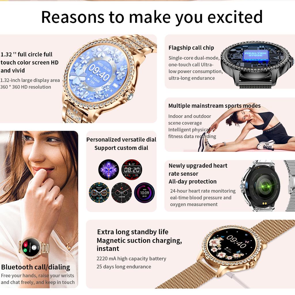 2025 Fashion Luxury Gold Women Smart Watch Heart Rate Blood Oxygen Sleep Monitoring Diamond Bracelet Bluetooth Call Smartwatch Ladies