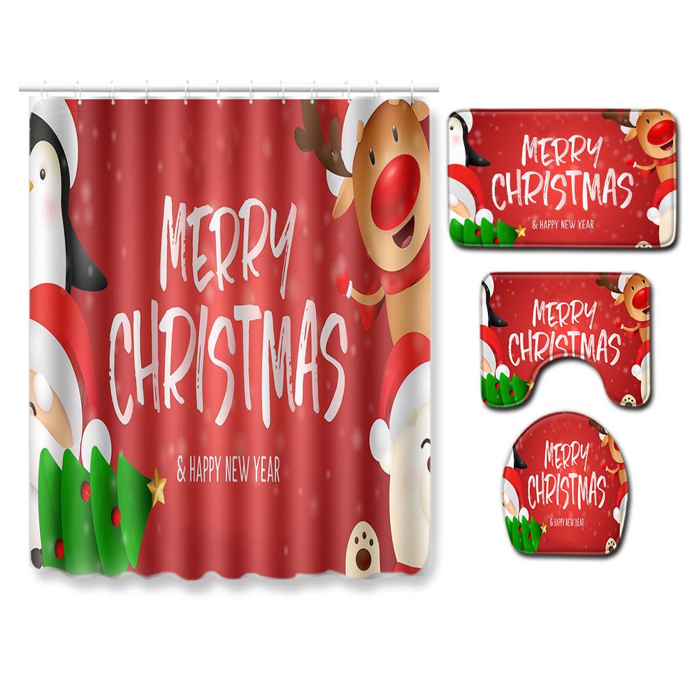 Christmas Bathroom Non-Slip Door Mat, Shower Curtain Floor Mat Combination Four-Piece Toilet Absorbent Carpet