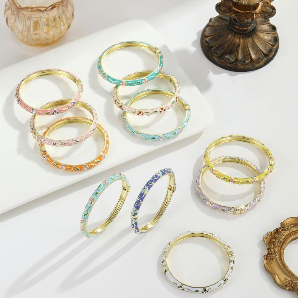 Metal Cloisonne Bracelet Retro Enamel Flower Bangle Closed End Enamel Bracelet Ethnic Style
