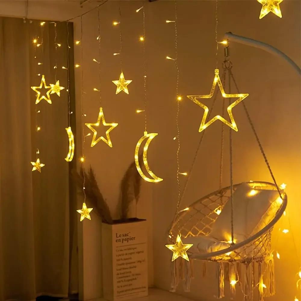 Solar/Battery Powered Star Moon String Lights LED Fairy Curtain Lamp 8 Modes Waterproof For Home Room Christmas Party Glow Decor