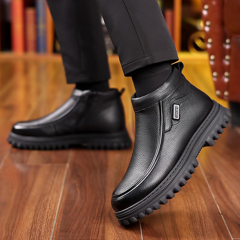 Мужские высокие кожаные ботинки в британском ретро-стиле — теплые, на толстой подошве, с бархатом, повседневная и рабочая обувь для осени и зимы