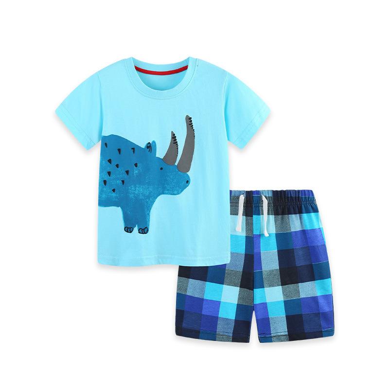 Summer new boys' short-sleeved suit style fashion printed children's plaid shorts two-piece set