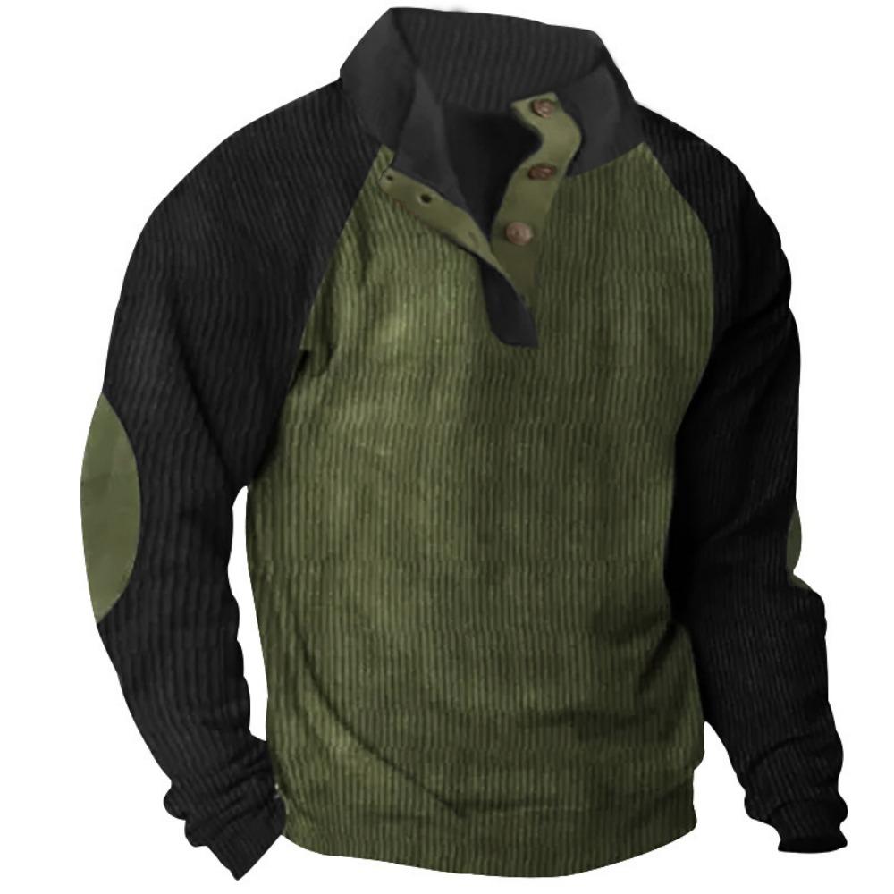 Мужская винтажная вельветовая толстовка с цветными блоками и воротником-стойкой на полпуговицы, зимние и осенние топы с длинным рукавом