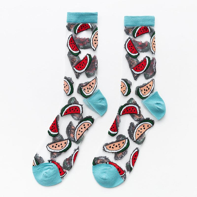 Женские тонкие прозрачные носки из хрустального стекла и шелка, милые летние сетчатые носки с фруктами: клубникой, авокадо, персиком и арбузом