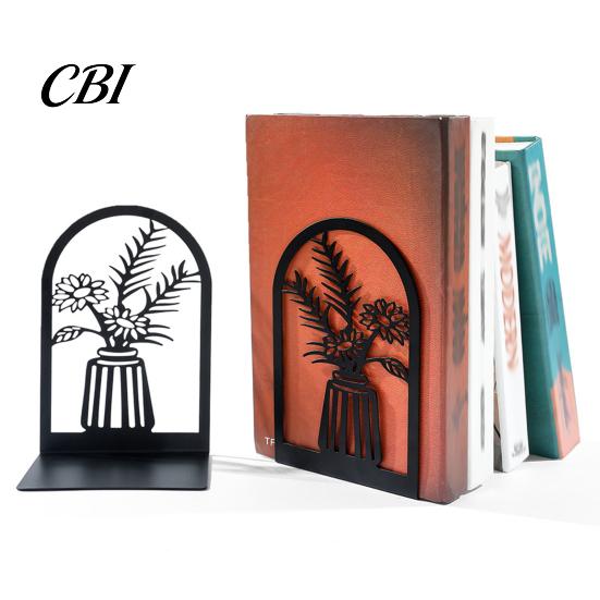 Metal Bookend 1 Pair Flower Bookends, Decorative Vase Book Ends for Shaped Shelves, Black Holder Stopper Home Office Reading Room Desktop