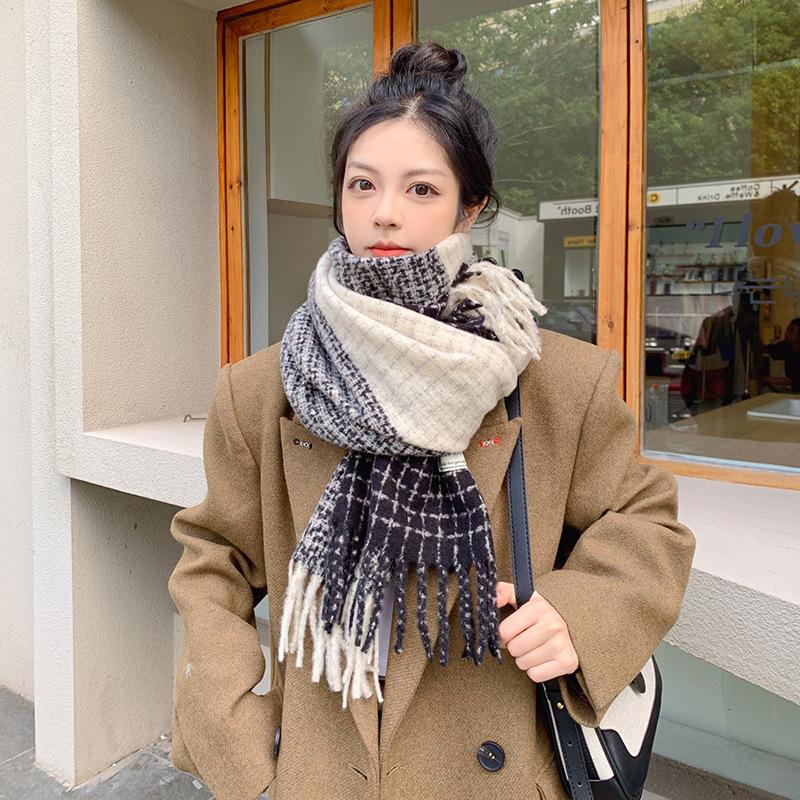 Japanese Korean Style Soft Tassel Color-Block Plaid Scarf Women Men Warm Neck Wrap Atmosphere Shawl