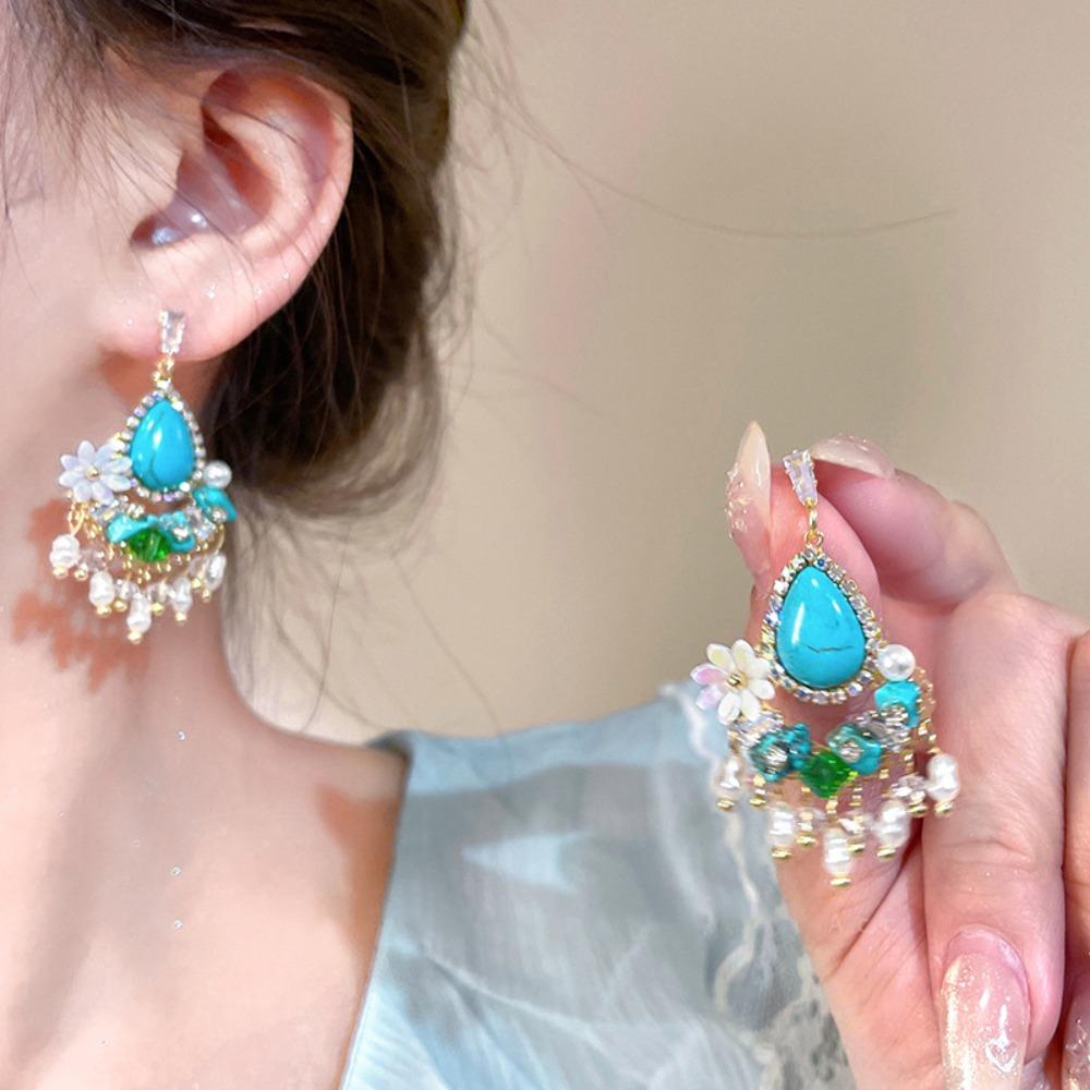 Turquoise Bohemian Turquoise Earrings Pearl Flower Shape Earrings Pendant  Beach