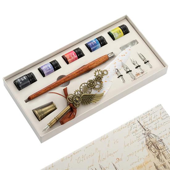 1 Set Useful Gear Decoration Exquisite Fadeless Comfortable Grip Feather Pen Kit for Office Quill