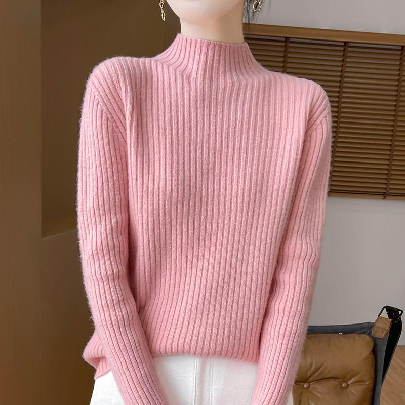 Women's 100% Pure Wool Half-High Collar Thick Knit Sweater - Warm Autumn/Winter Base Layer Pullover