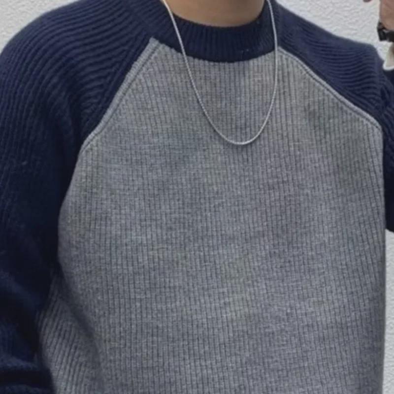 Мужской модный свитер в японском стиле контрастного цвета плотной вязки - осень/зима, круглый вырез, свободный топ с длинными рукавами