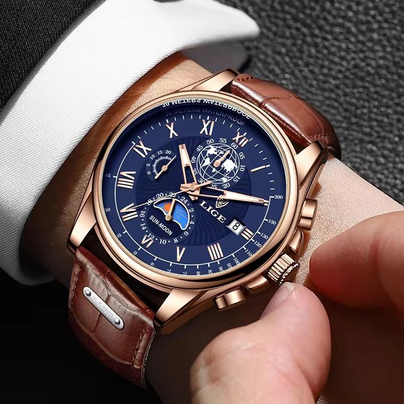 LIGE Men Quartz Wristwatch Gentleman Business Men Watches Leather Strap Watch for Men Luminous Chronograph Date 24 Hours Clock