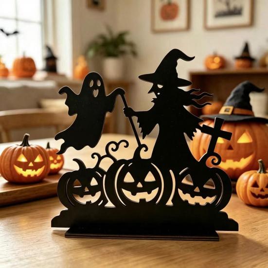 Деревянная центральная композиция DYS Witch для стола, Жуткий замок Черная кошка Настольное украшение для вечеринки на Хэллоуин, Многоуровневая подставка для декора стола