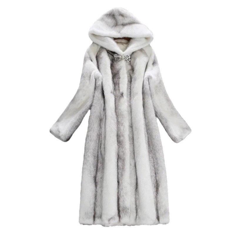 Women's Cross Mink Coat, Whole Mink Long Fur Coat, Winter New with Hooded Velvet To Keep Warm