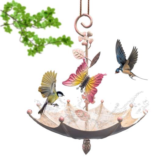 Hanging Birds Feeder for Outdoors Umbrella Shaped Birds Feeder Tray with Dragonfly/Butterfly/Honeybee Metal Wild Birds Bath for Garden Backyard Decor