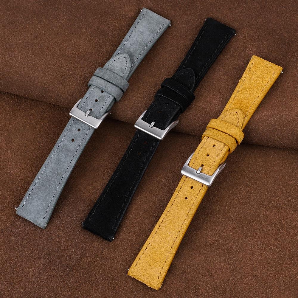 Watch Band Vintage Suede Leather Watch Strap 18mm 20mm 22mm Grey Black Brown Band Replacement Wristband Quick Release Calfskin Watchband