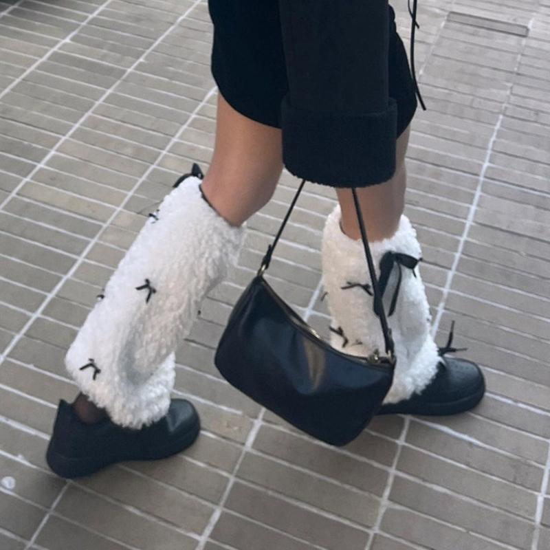 Bow Furs Leg Warmer Winter Furry Long Boot Cuffs Fuzzy Shoe Cover Party Costume for Holiday Festival Performances Play