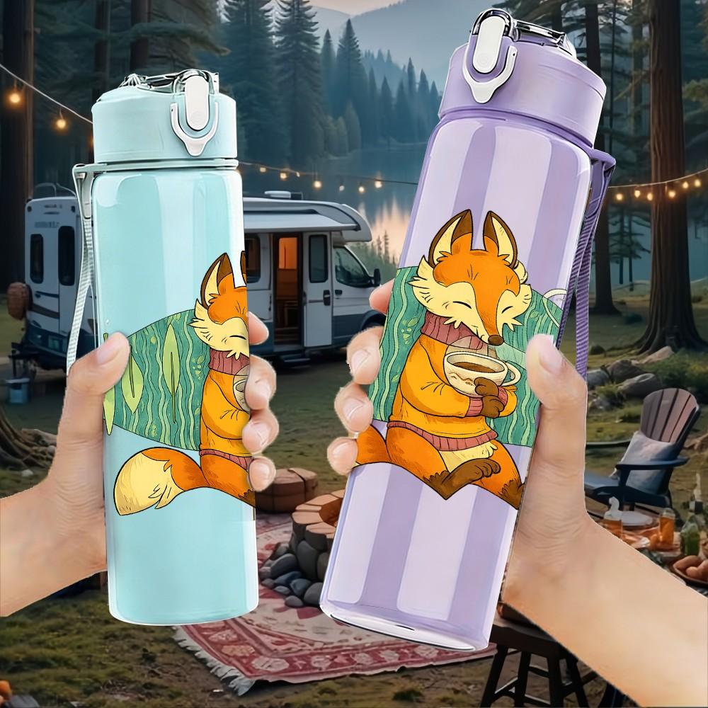 1PC Fox Forest Animal Cartoon Print 750ml Color Plastic Sports Water Bottle Leakproof Flip Straw Lid Suitable for Sports Office Home Use