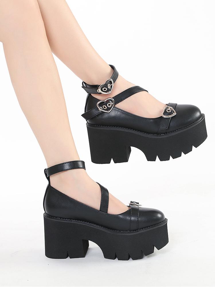 Gdgydh Женские туфли Мэри Джейн на платформе на массивном каблуке с весенней крестообразной повязкой Kawaii Cospaly с пряжкой в форме сердца