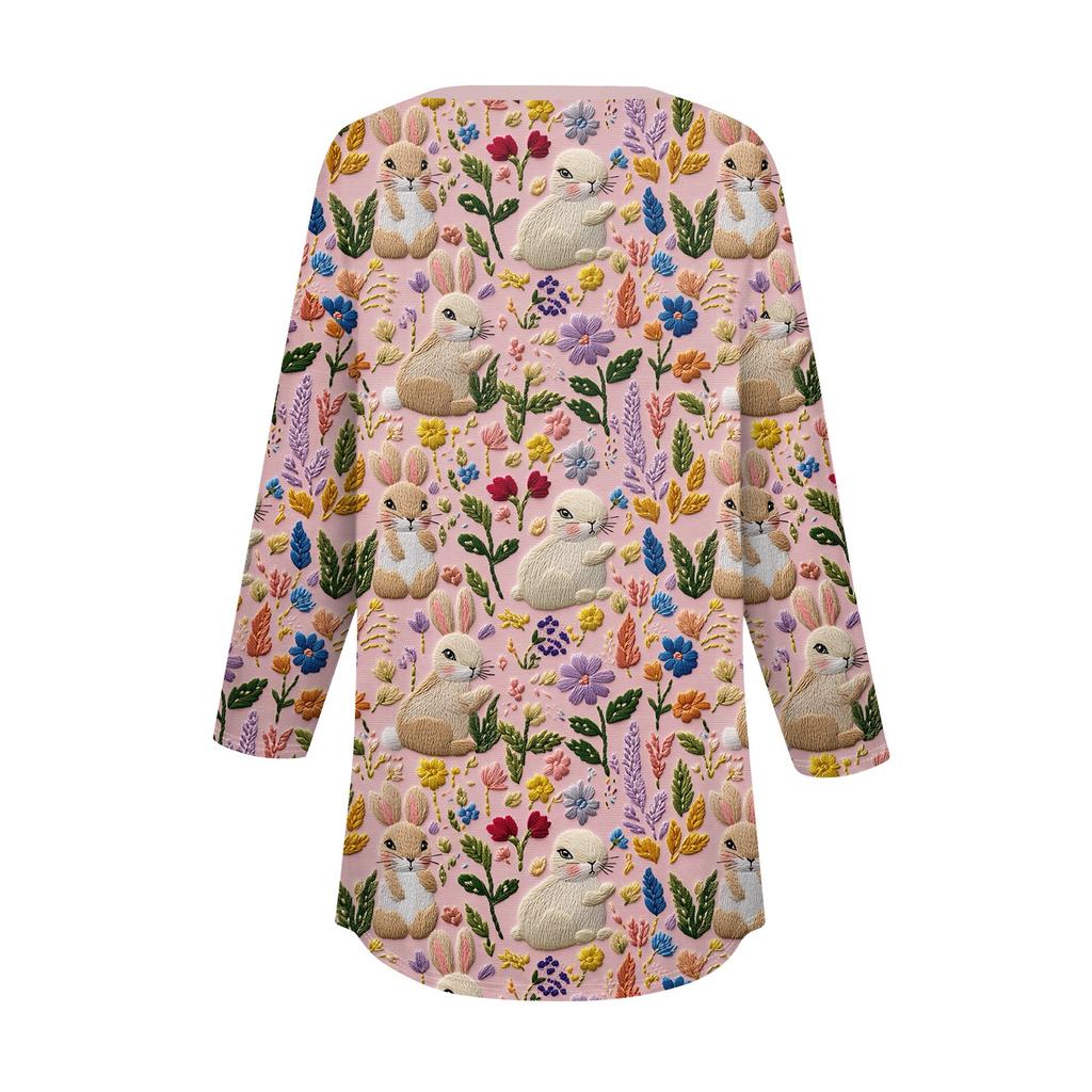 Women's 3/4 Sleeve Easter Egg Bunny Print Button Collar Fashion Casual Top