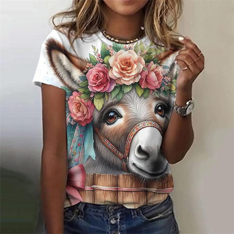 Милая футболка с рисунком коровы и осла для женщин, футболки с 3D-принтом и цветами, модные уличные футболки с круглым вырезом и коротким рукавом