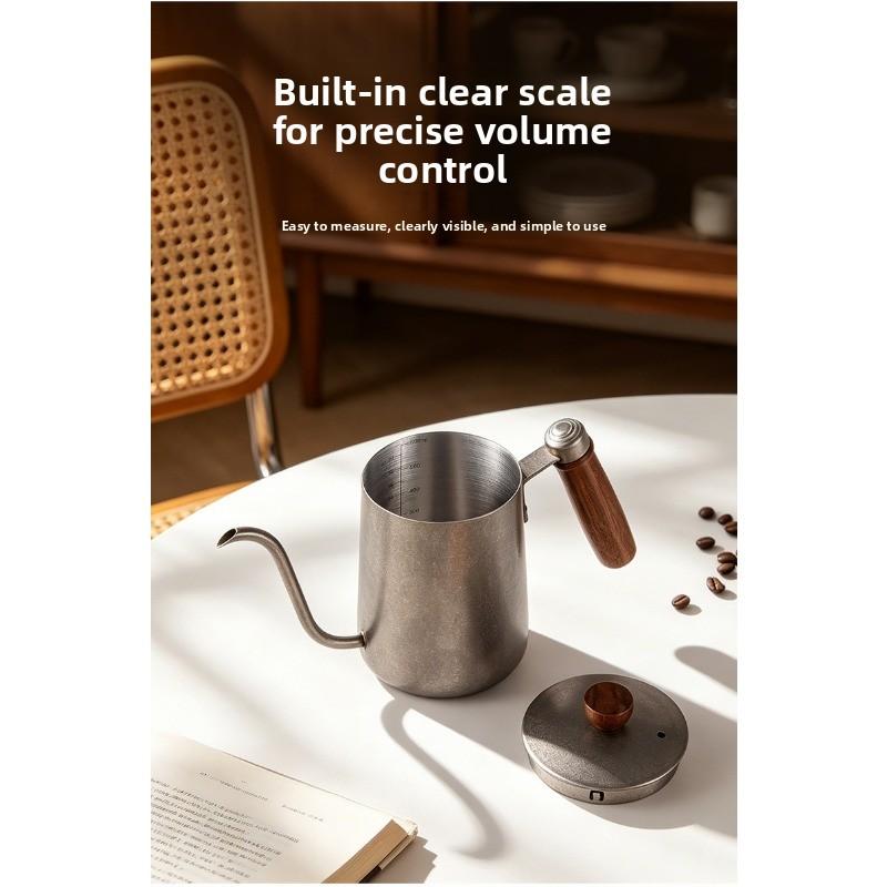 Stainless Steel Hand-drip Coffee Pot with Narrow Spout, Long Handle and Ear-shaped Design, Suitable for Home Use and Portability, with A Retro Style.