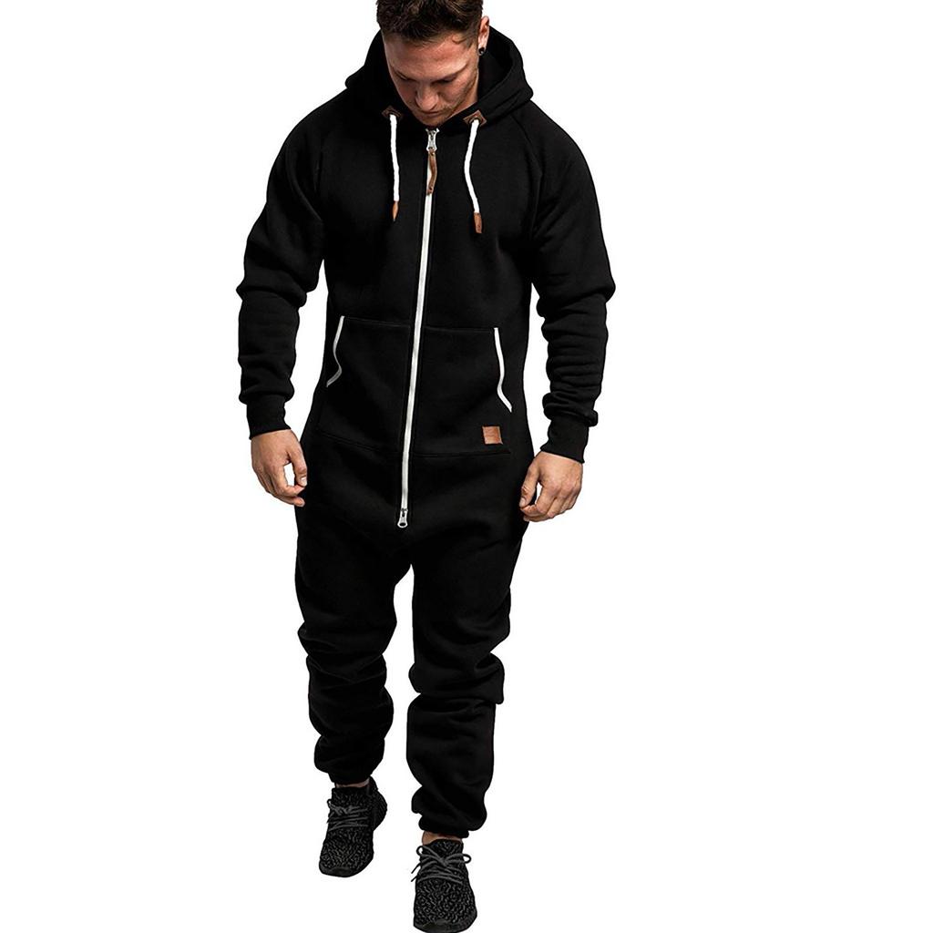 Men's Fall Hooded Fleece Jumpsuit Patchwork Solid Color Sports Jumpsuit