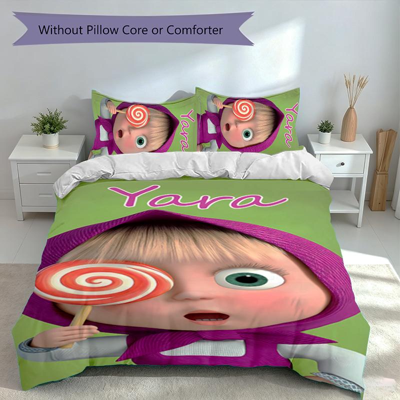 3pcs Custom Name Masha and the Bear Set,Includes 1 Duvet Cover and 2 Pillowcases,All-season Bedroom Decor