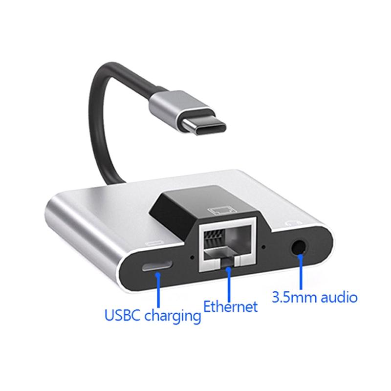 Адаптер-хаб сети Ethernet Lan Type-C к USB-C с аудио 3,5 мм и быстрой зарядкой PD, док-станция для ноутбука, мобильного телефона, планшета