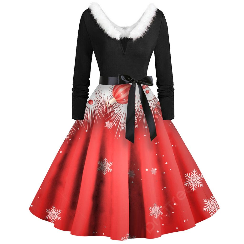Женское винтажное платье с длинным рукавом и рождественским принтом в стиле 1950-х годов для вечеринки, выпускного вечера, для домохозяйки