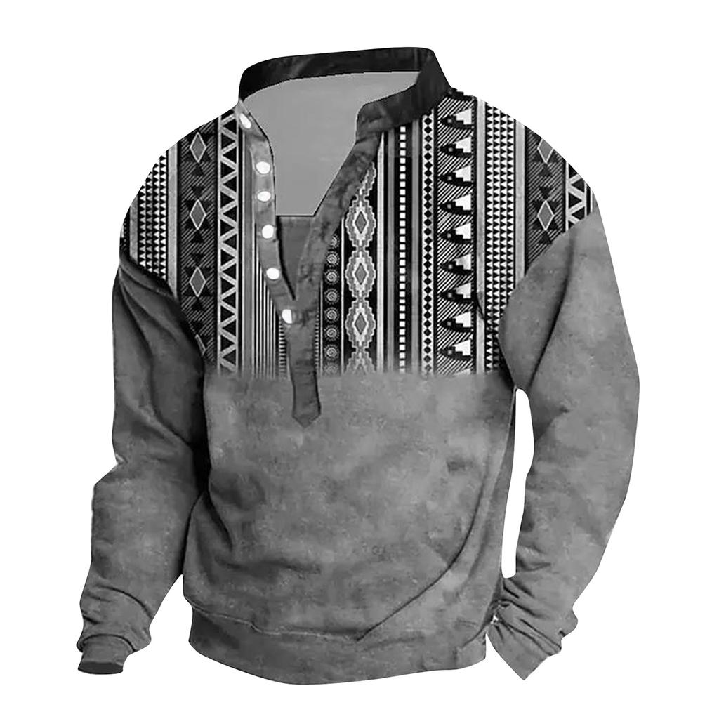 Мужской свитер с v-образным вырезом и воротником-стойкой с 3D цифровой печатью и винтажным воротником на 6 пуговицах