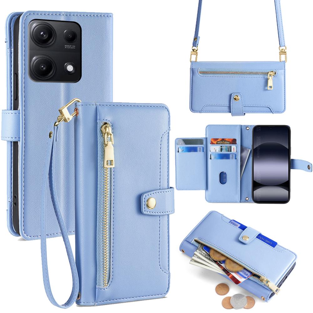 For Xiaomi Redmi Note 14S 4G Leather Case Zipper Pocket Wallet Phone Cover with 2 Straps