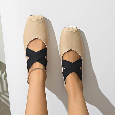 Весна 2025 Новые женские балетки Квадратный носок Толстый средний каблук Перекрещенные эластичные ремешки Цвет коровьей кожи Офисные женские туфли-лодочки