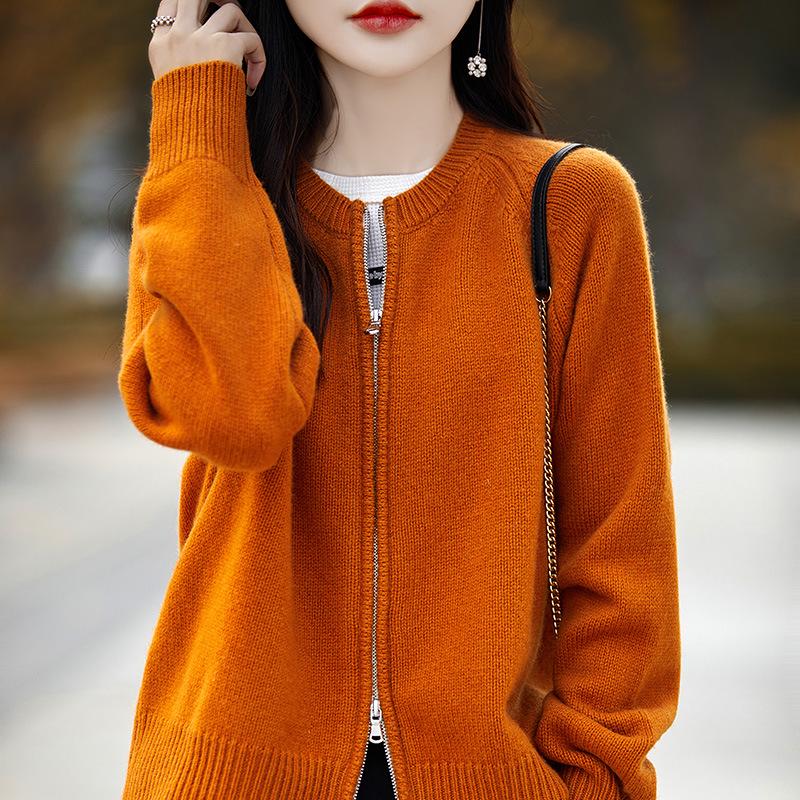 Women's 100% Wool Round Neck Knit Cardigan - Double Zipper, Solid Color, Loose Fit, Casual Fashion, Short Length